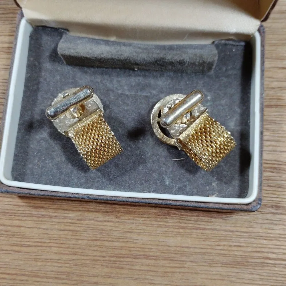 Vintage Swank Mesh Wrap Cuff Links Gold Tone Amber Box
